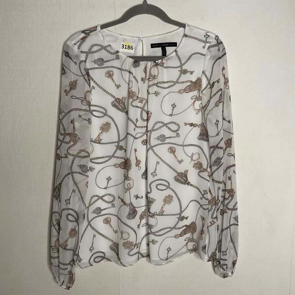 White House Black Marketโ Blouse Womens size M Ivory Gause Lined Top Key Print